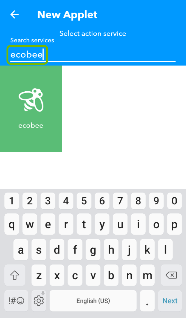 Search keyword highlighted for trigger selection in IFTTT app.