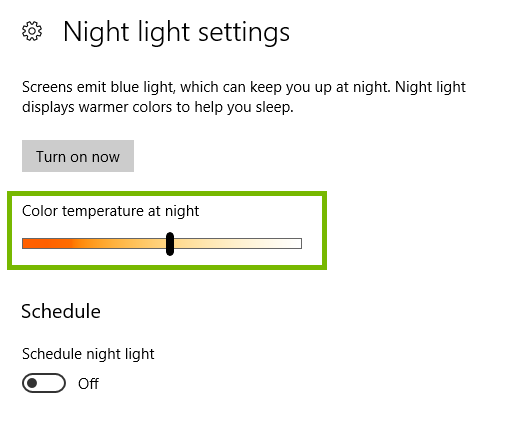 Night light settings with color temperature highlighted