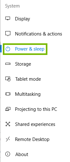 system menu with power and sleep highlighted