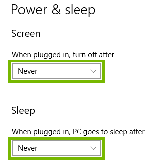 Power and sleep settings with turn off time choices highlighted
