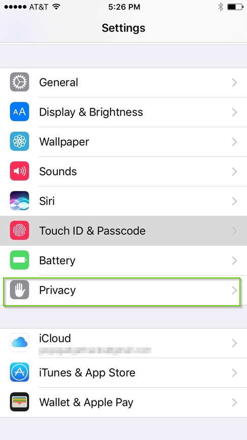 iOS settings menu showing privacy highlighted
