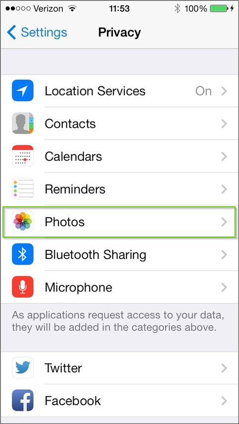 iOS privacy menu showing photos highlighted