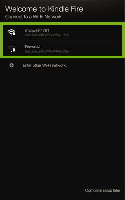 Welcome to Kindle Fire screen with list of available wireless networks.