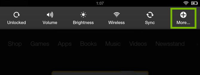 Quick Settings drop down menu with More option highlighted.