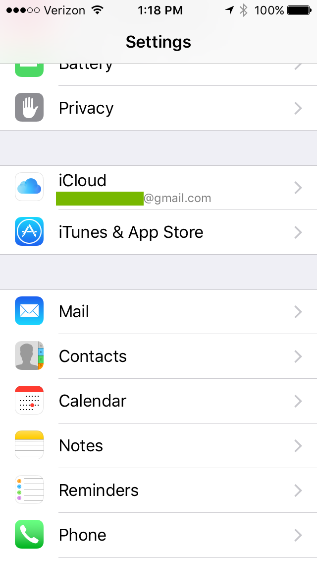 iOS Settings iTunes and App Store. Screenshot
