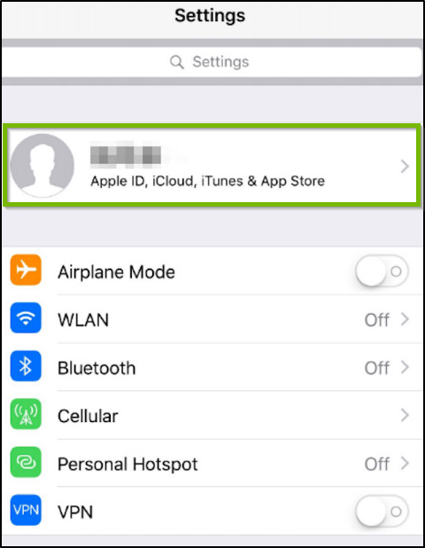 iOS Settings highlighting iCloud account name.
