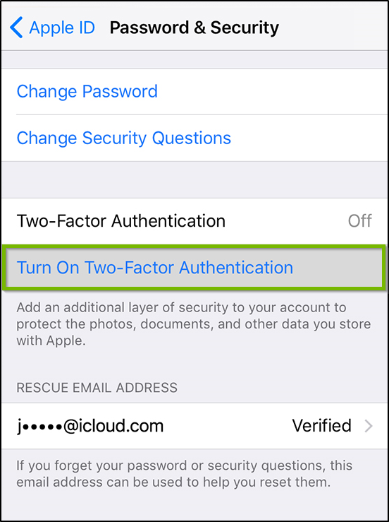 Password and security settings. Turn on two factor authentication highlighted.