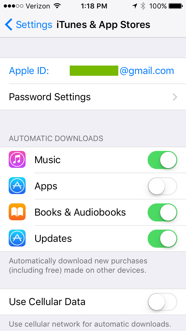 iOS Enable Automatic Downloads. Screenshot
