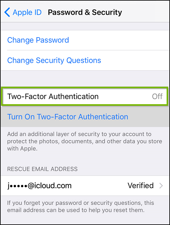 Password and security settings. Two factor authentication highlighted.