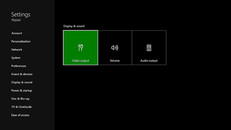Display and Sound settings with Video output selected. Screenshot.
