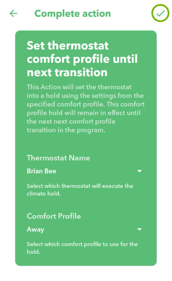 Checkmark highlighted to complete action in IFTTT app.