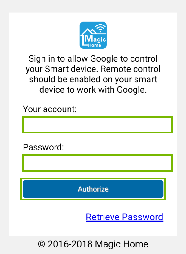Magic Home WiFi sign in page with Username, Password, and Authorize highlighted