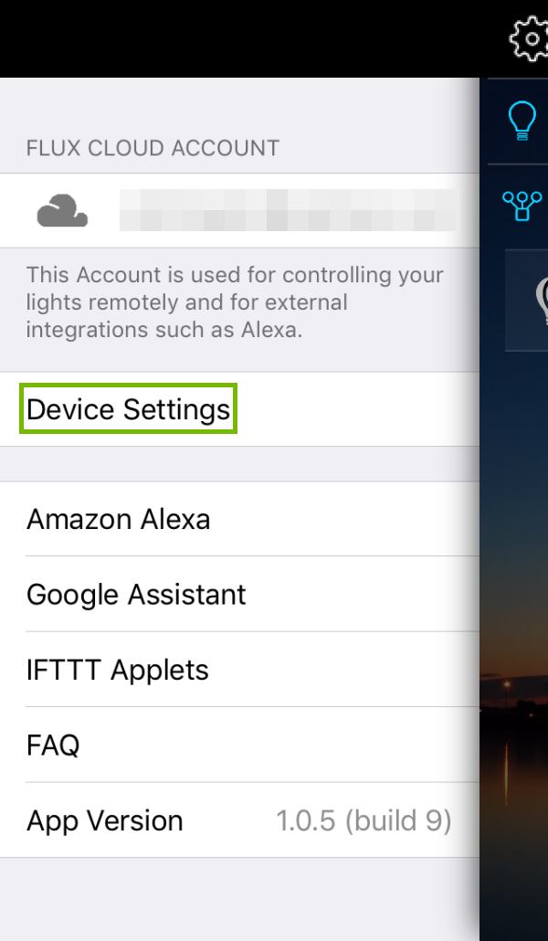 Flux WiFi Pro main menu with Device Settings highlighted
