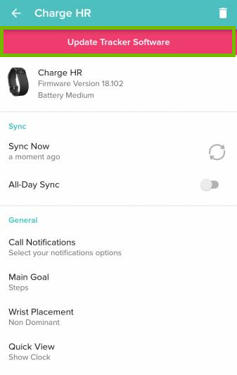 Update tracker software is highlighted on tracker page