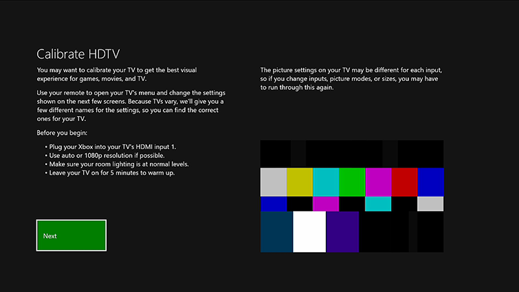 Calibrate HDTV. Follow the prompts on your TV. Screenshot.