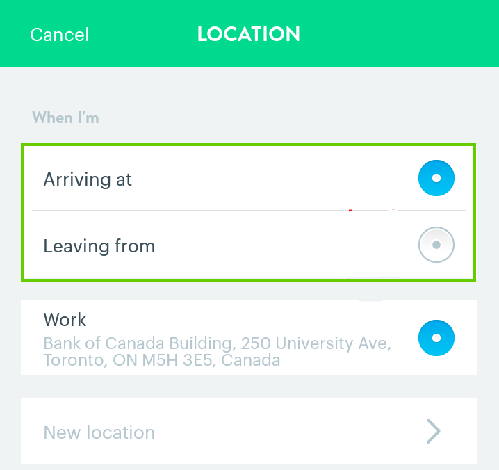 Arriving at or leaving toggle