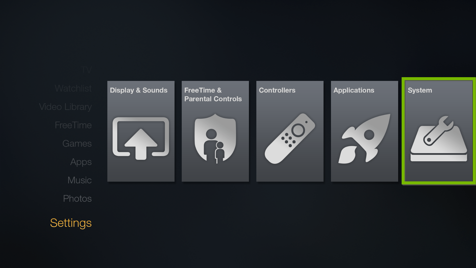 Settings menu with System selected. Screenshot.