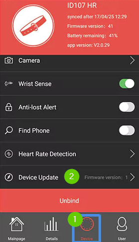 Veryfitpro app page with device tab and device update highlighted