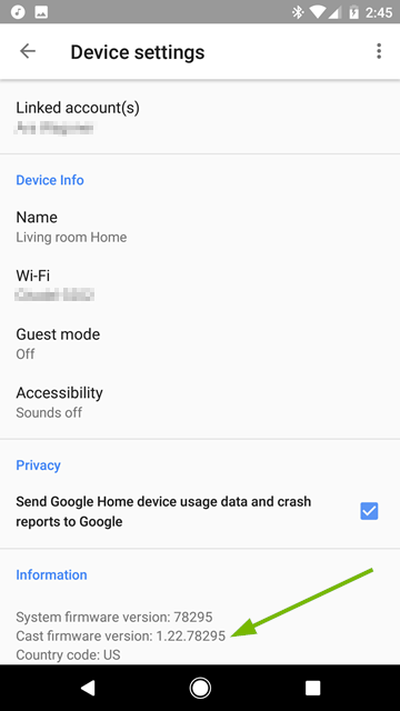 Firmware version pointed out on Device Settings screen