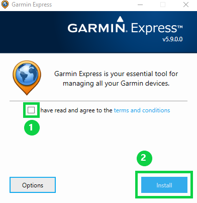 Garmin express installer window with terms and conditions box and install button is highlighted