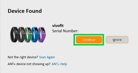 Device found with the Continue button highlighted