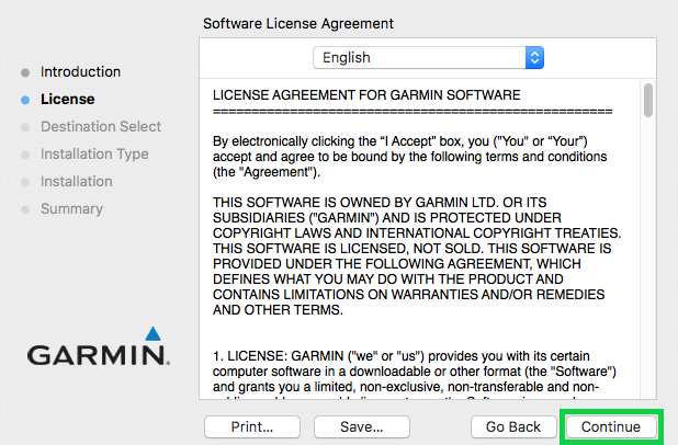 license page with the continue button highlighted