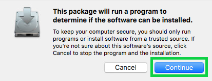 installer dialog notification with the continue button highlighted