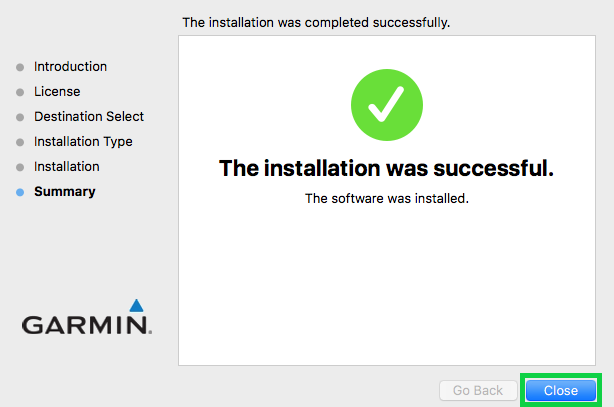 Summary of installation with the close button highlighted