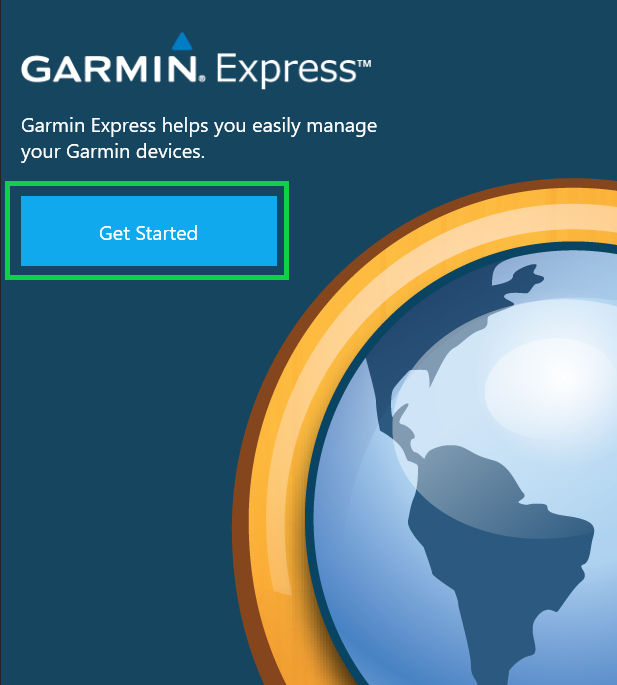 Garmin Express app with Get Started highlighted