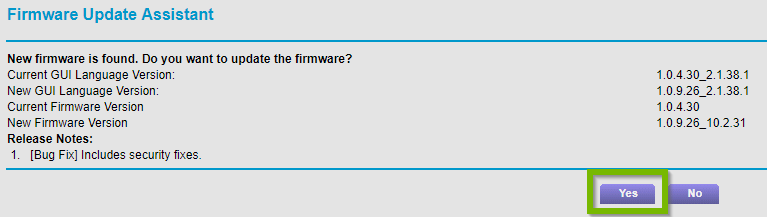 Firmware install prompt with Yes selected. Screenshot.