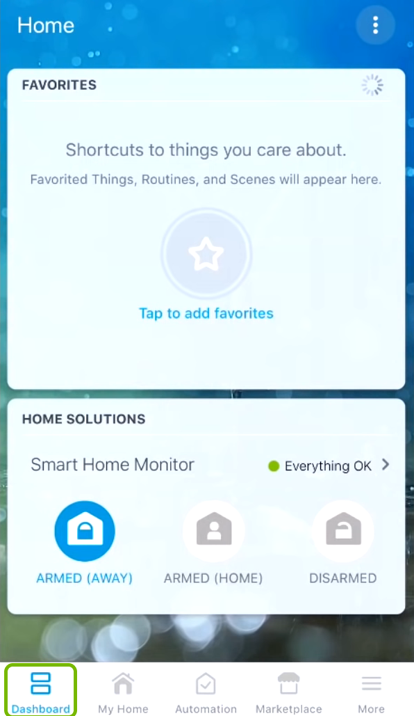 Dashboard tab highlighted in SmartThings app.