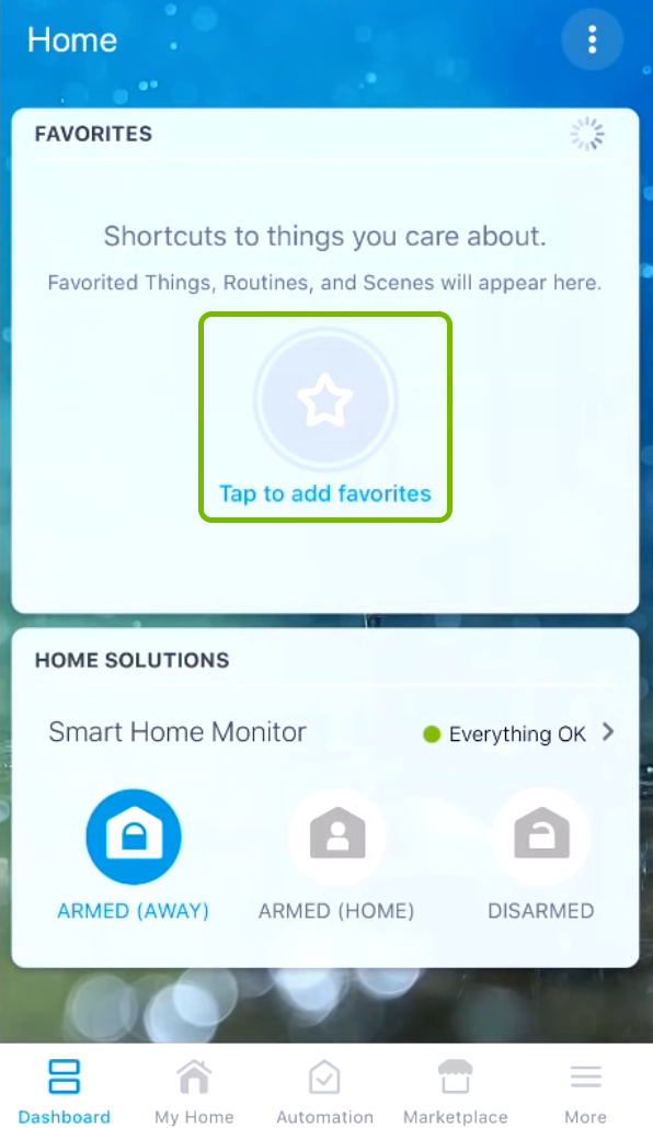 Tap to add favorites highlighted on Dashboard in SmartThings app.