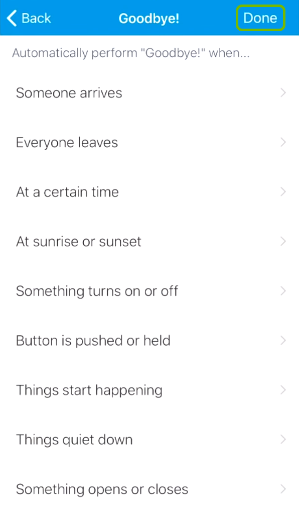 Done option highlighted in SmartThings app.