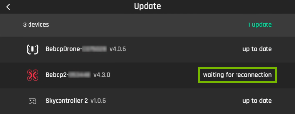 Waiting for reconnection message highlighted in Update menu of FreeFlight Pro app.