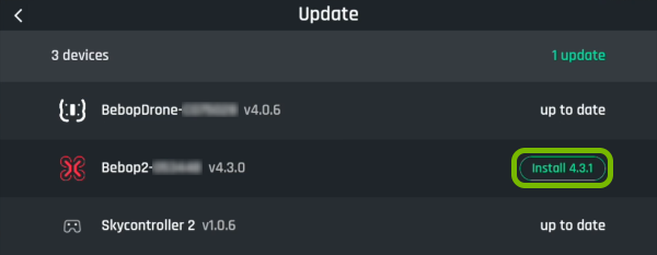 Install button highlighted in Update menu of FreeFlight Pro app.