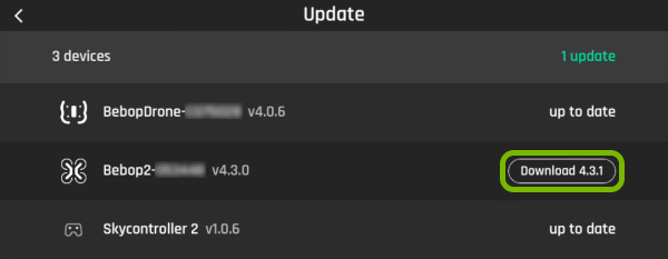 Download button highlighted in Update menu of FreeFlight Pro app.