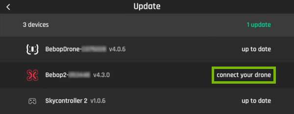 FreeFlight Pro app showing connect your drone message after update was downloaded.