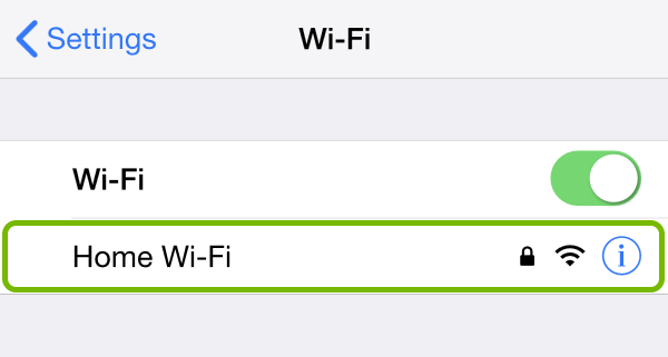 Wi-Fi network highlighted in iOS settings.