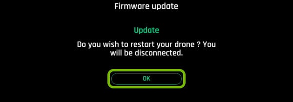 OK button highlighted on drone restart prompt in FreeFlight Pro app.