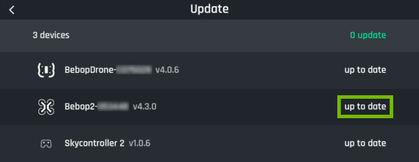 Up to date message showing in Update menu of FreeFlight Pro app.