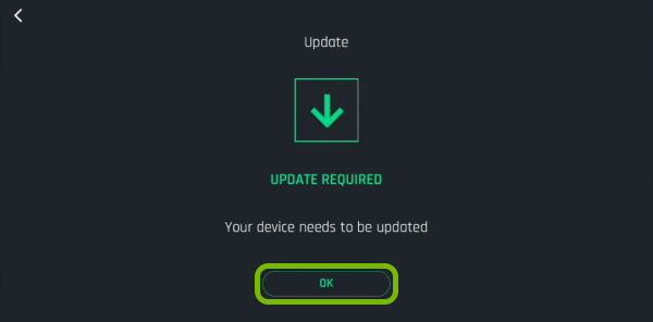 OK button highlighted Update Required prompt in FreeFlight Pro app.