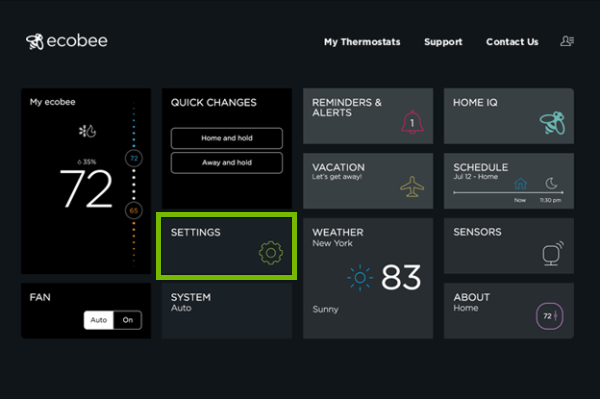 Web portal with Settings highlighted