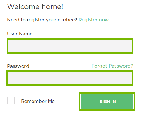 ecobee login page with username, password, and Sign In highlighted