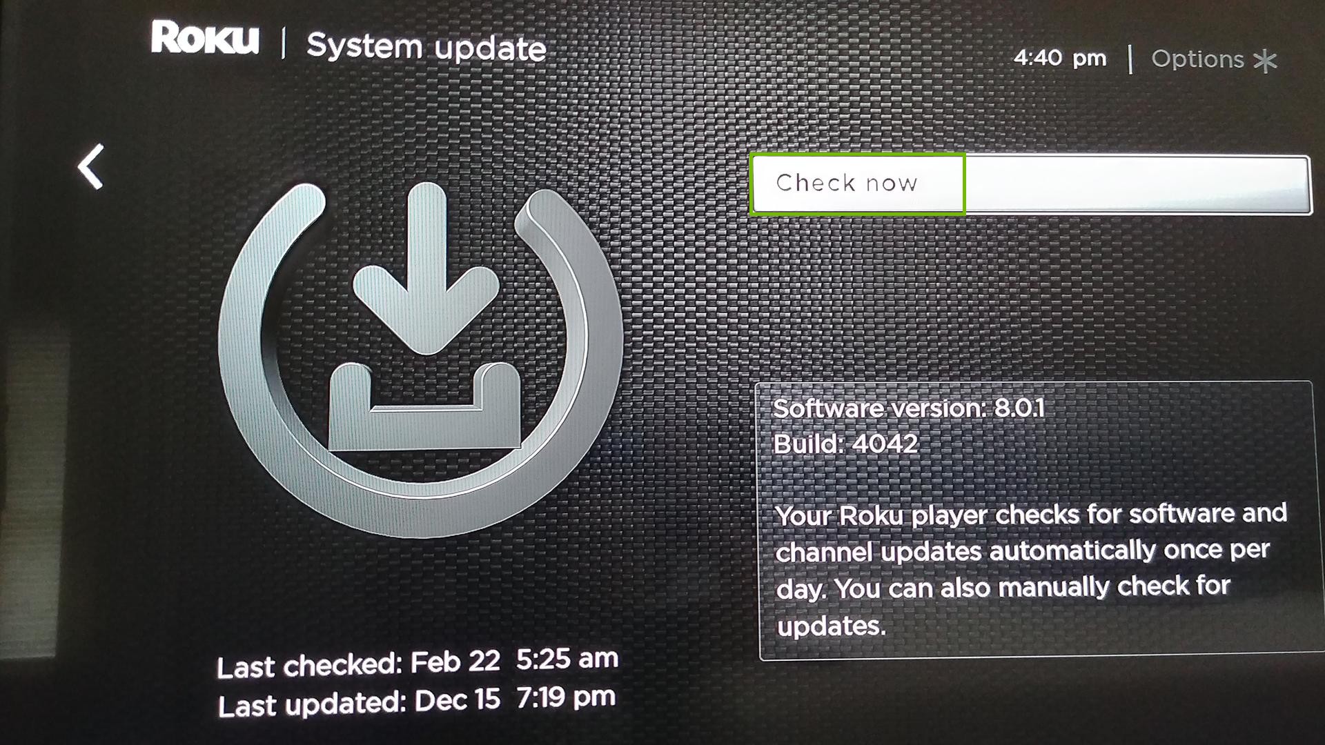 Roku TV System update menu, highlighting the Check now option.