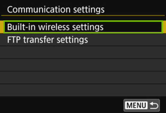 menu with built in wireless settings highlighted