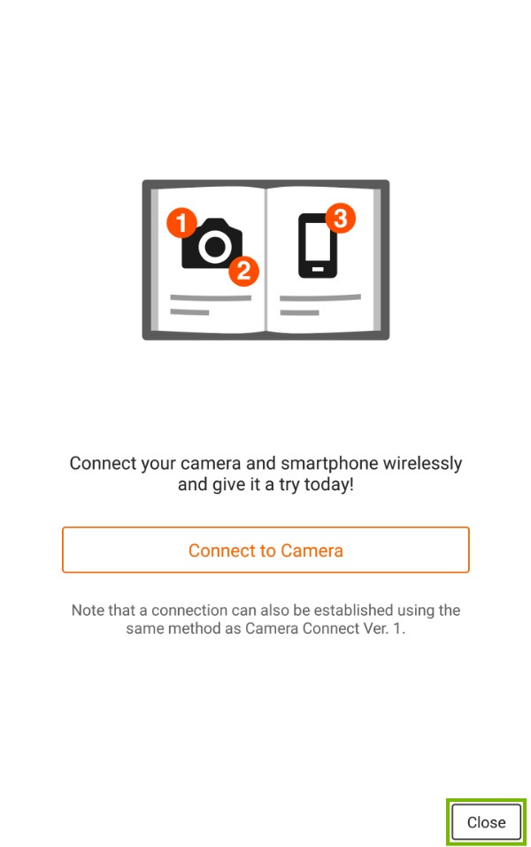 Connect to camera with Close button highlighted