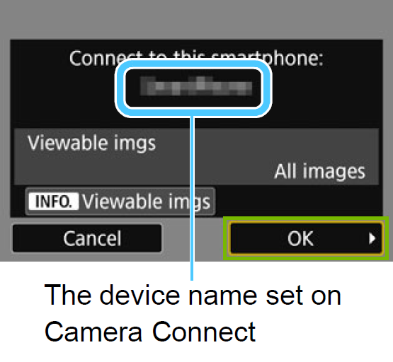 Camera screen showing camera connected with the OK button highlighted