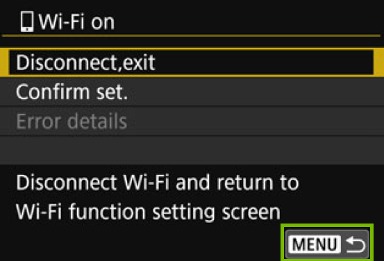 camera screen with wi-fi showing connected with the menu button highlighted