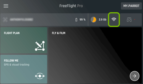 Wi-Fi symbol highlighted in FreeFlight Pro app.