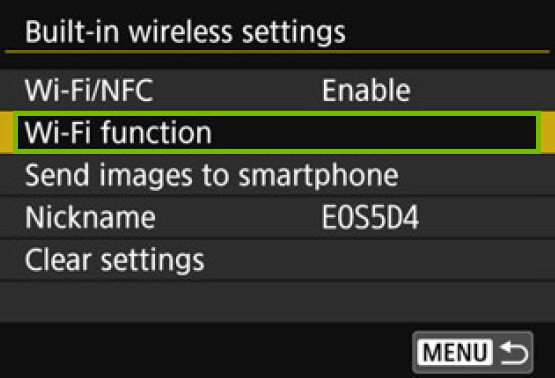 menu with Wi-Fi Function highlighted